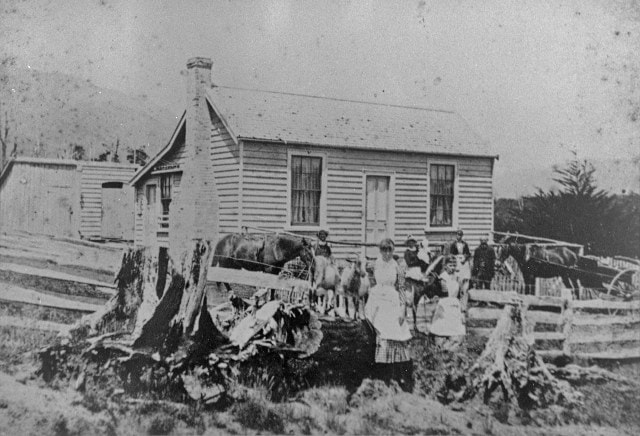 Pencil sketch of people & horses at the original buildings at Tophouse, St Arnaud